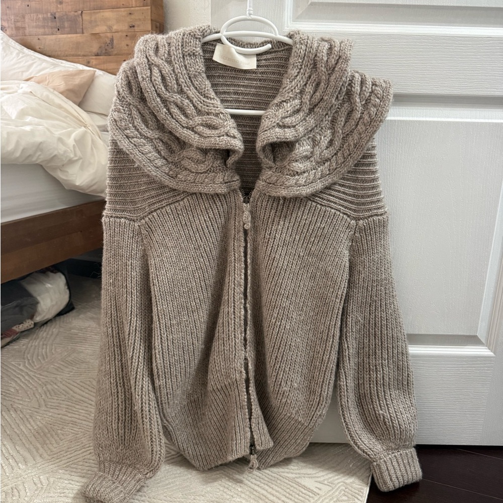 Ermanno Scervino Taupe Cable Shawl Collar Zip Cardigan
